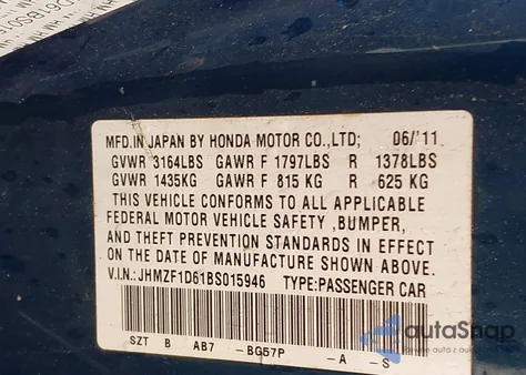 2011 Honda Cr-Z Ex z USA, uszkodzony, nr VIN JHMZF1D61BS015946